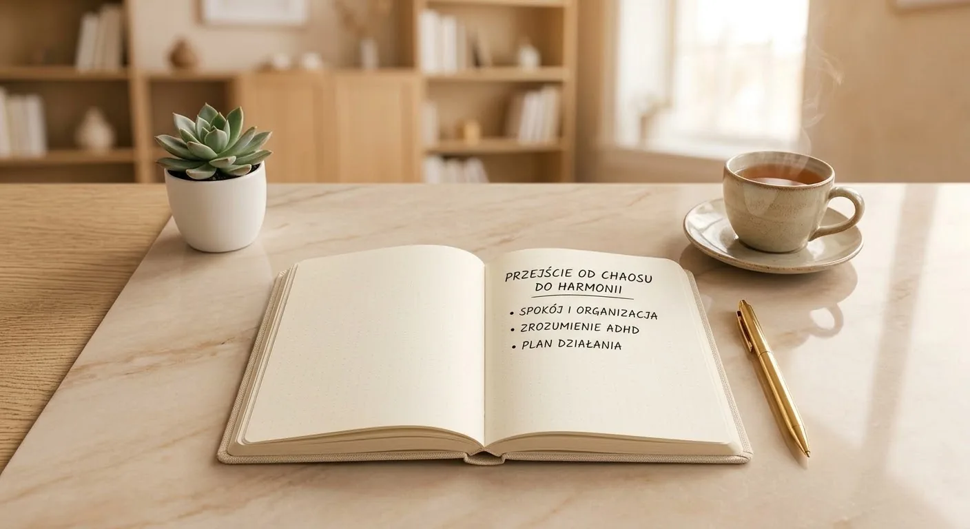 Notes z hasłami: spokój i organizacja, zrozumienie ADHD, plan działania