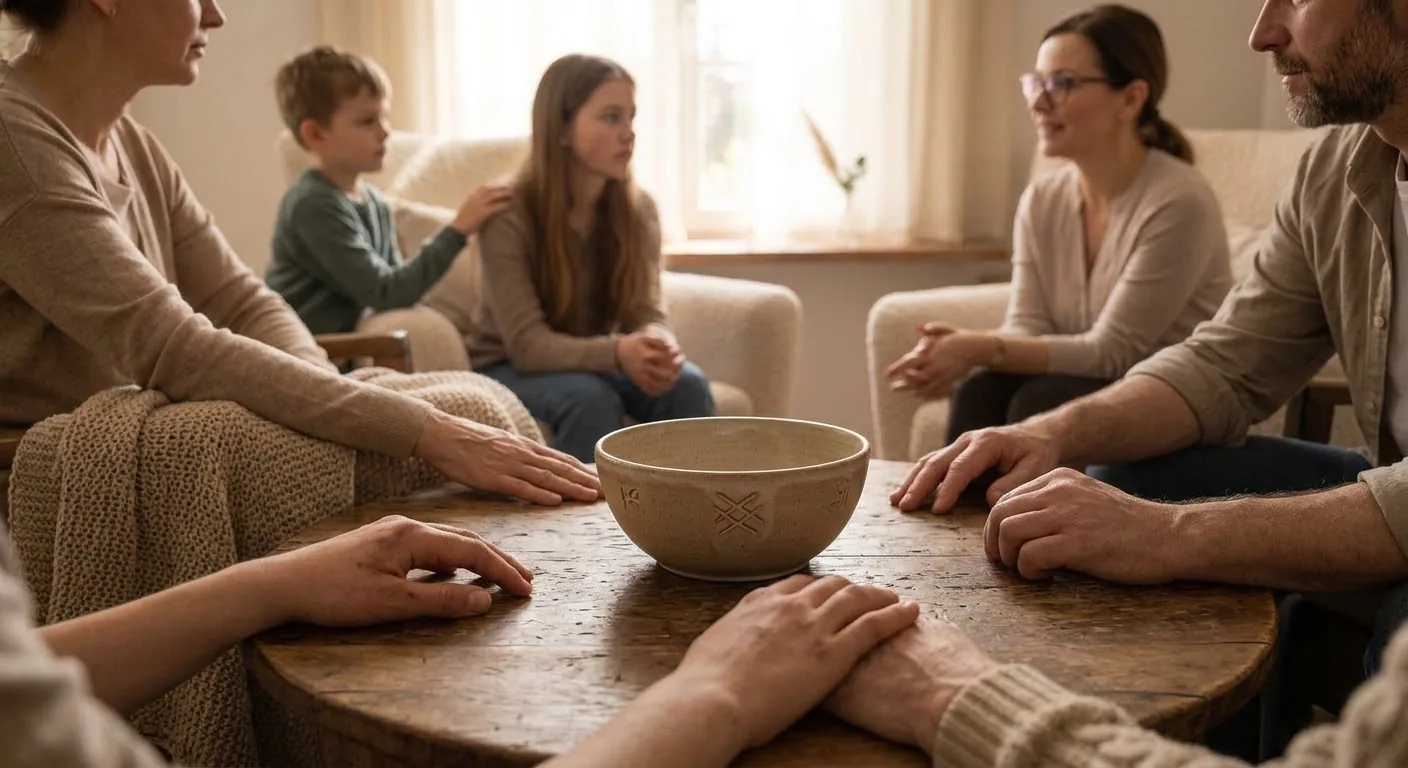 Rodzina siedząca wokół stołu podczas spotkania z psychologiem